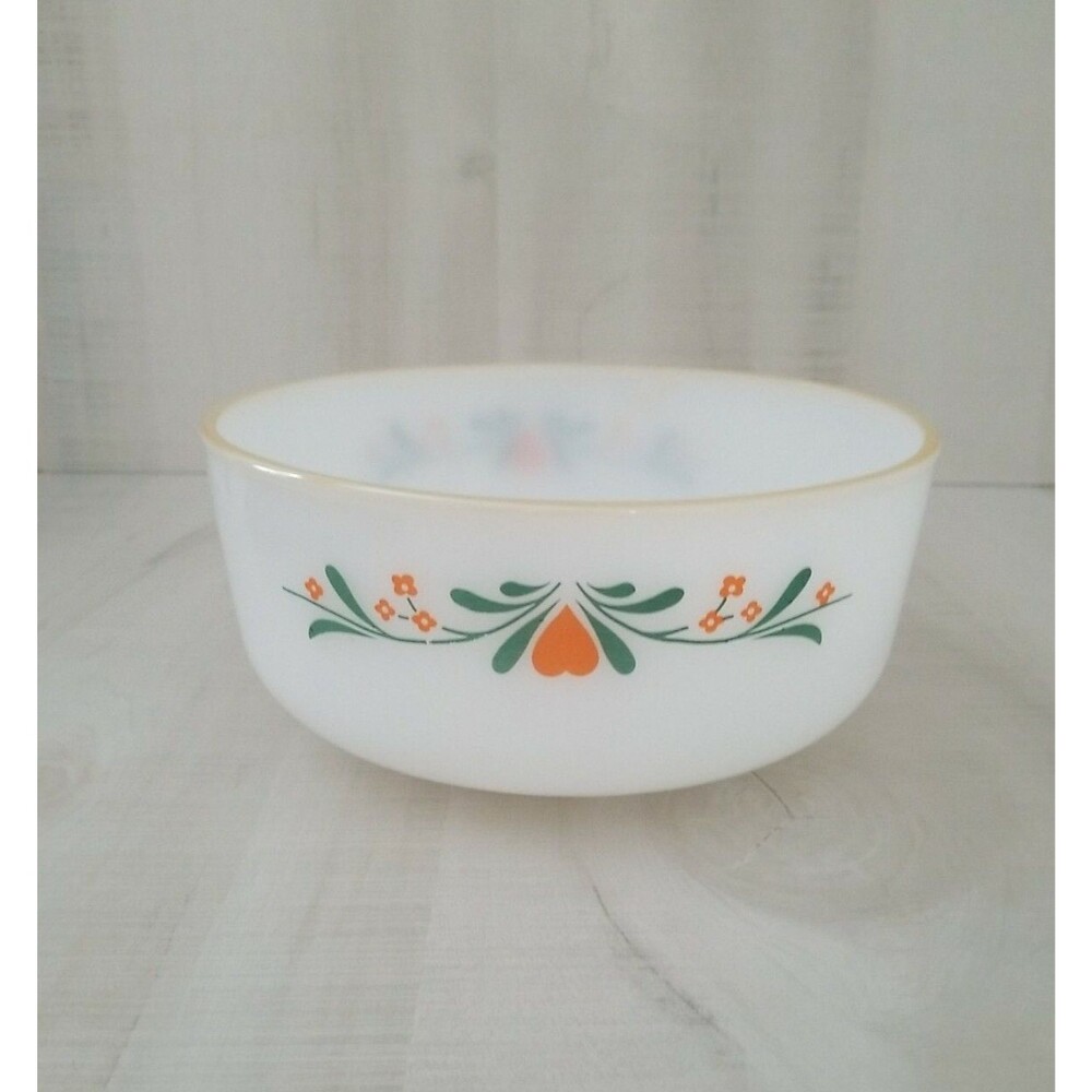 Vintage Termocrisa Mexico Milk Glass Serving Bowl 7.5" Green Orange Design Used